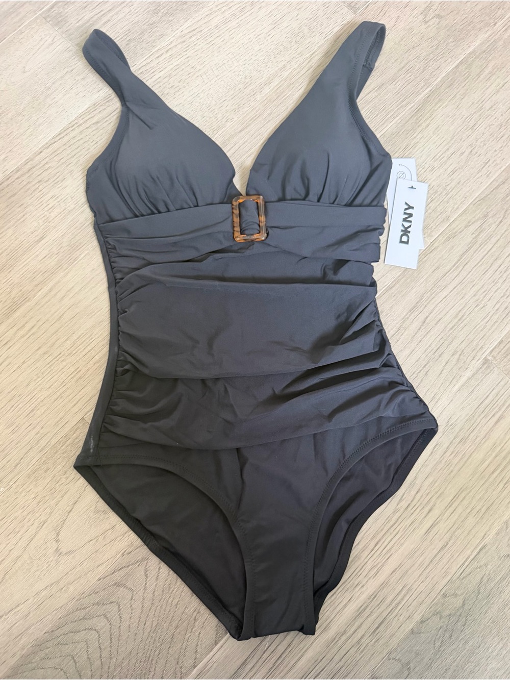 DKNY Black Ruched Buckle One Piece Swimsuit NWT Size S
